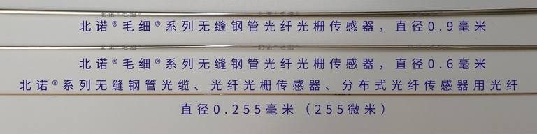 0.9毫米、0.6毫米的两种北诺®毛细®无缝钢管 光纤光栅传感器与光纤的尺寸对比